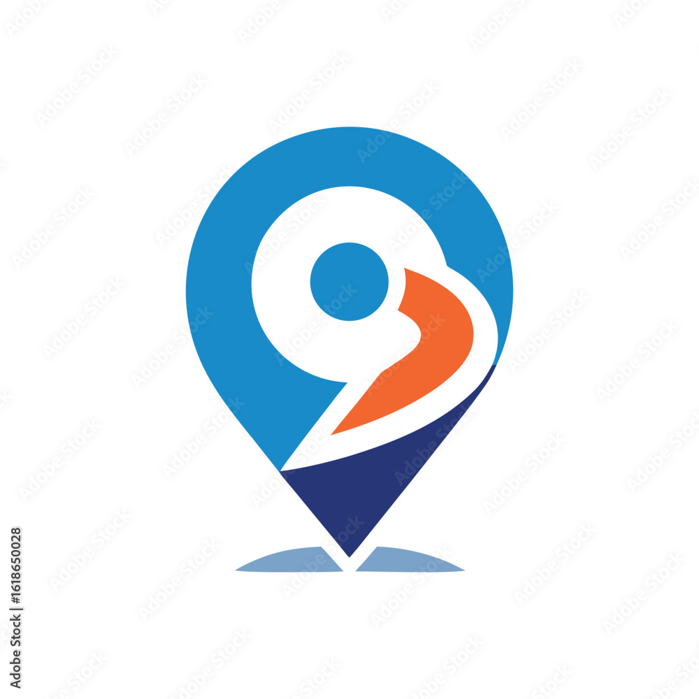 Poster vector art of abstract map location pin marker with blue and orange elements isolated on white backg