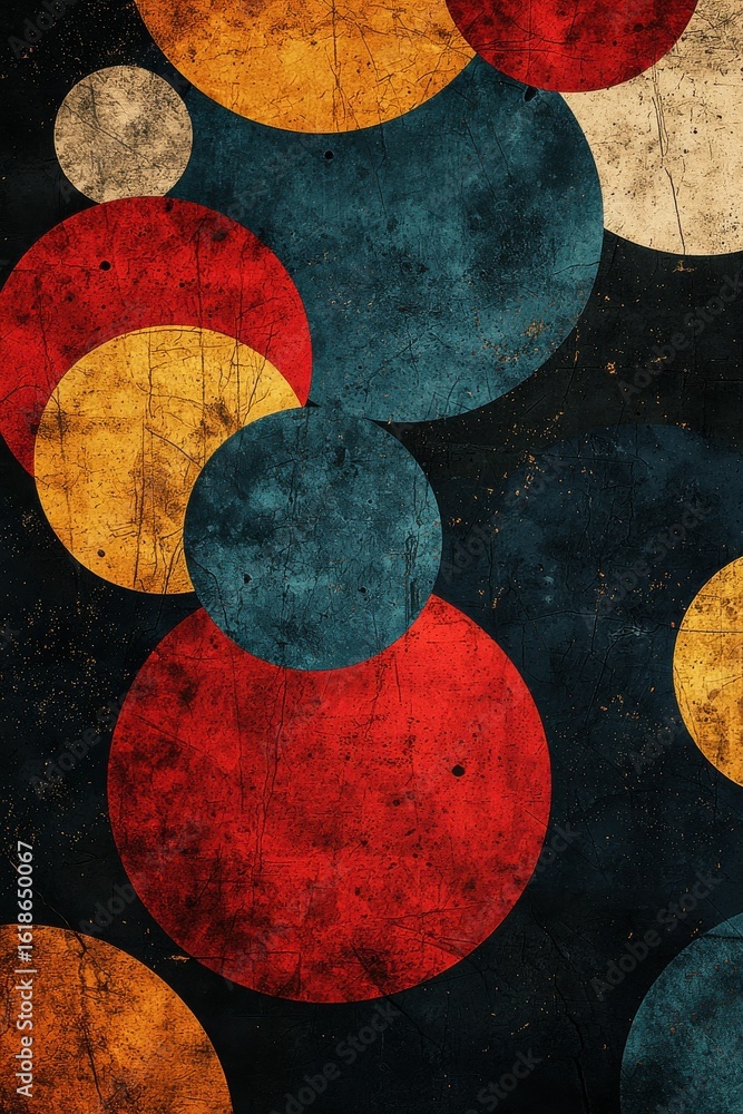 Poster vibrant abstract design with colorful circles on a textured dark background