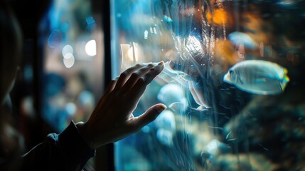 Hand touches aquarium glass