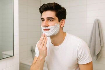 Young Caucasian man applying shaving cream to face while standing in bright tiled bathroom. Wearing white t-shirt. Concept of morning routine, hygiene and male grooming