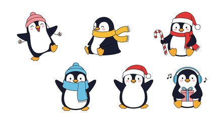 Adorable winter penguins celebrating the holidays in festive attire with joyful expressions