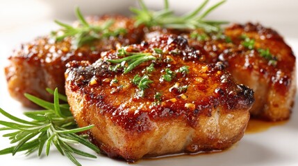 Delicious Glazed Pork Chops with Rosemary Garnish Close-up Food Photography