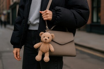Close-up of woman holding handbag with attached teddy bear keychain. Urban background, casual outfit in dark colors. Concept of street fashion and cute accessories