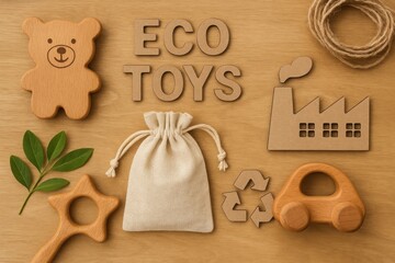 Flat lay of eco friendly wooden toys, leaves, recycling symbol, and cotton pouch on wooden background. Includes bear, car, and factory shapes. Concept of sustainability and natural play