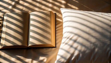 Morning light in comfort bedroom concept. A cozy scene with an open book and pillow, enhanced by soft, patterned shadows.