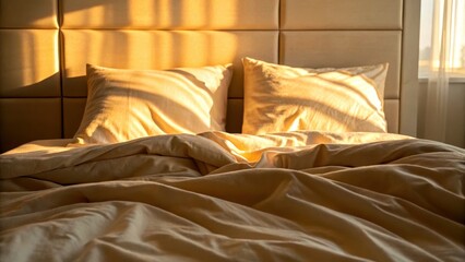 Morning light in comfort bedroom concept. Cozy bed with sunlight casting warm shadows on rumpled sheets and pillows.