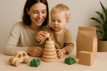 Young mother and blond toddler playing with wooden toys at home. Natural learning materials including stacking rings and toy car. Concept of parenting and early childhood development