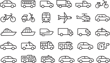 Vehicle Line Icons Set – Editable Stroke Vector Illustrations of Transportation, Cars, Trucks, Bikes, and Mobility