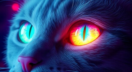 Glowing cat eyes displaying vibrant neon colors in a cosmic portrait