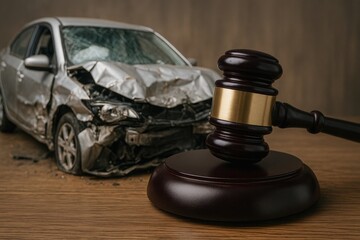 Damaged silver car next to judge’s gavel on wooden surface. Symbol of legal action or lawsuit after traffic accident. Concept of car insurance and justice

