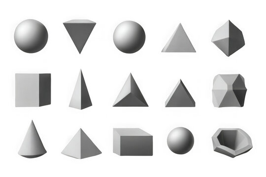 Collection of 3d geometric shapes with realistic shading isolated on transparent background