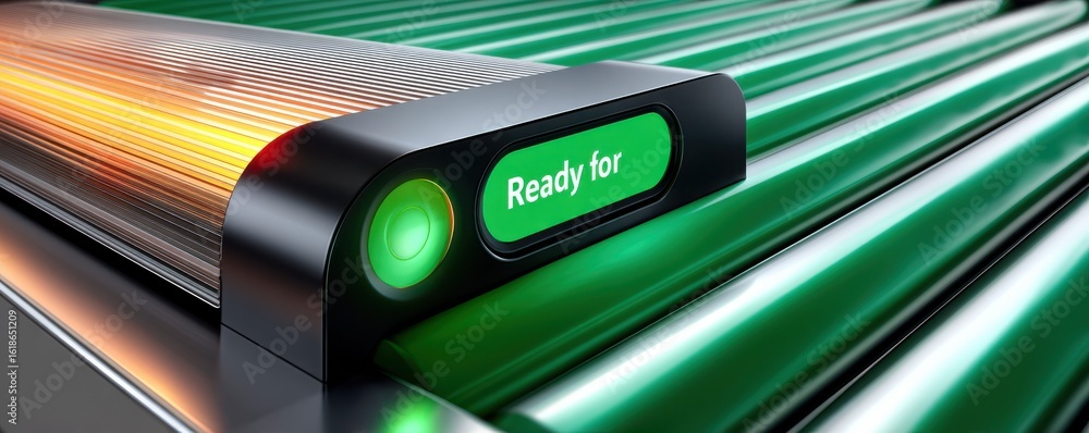 Poster green indicator light with linear conveyor technology showing operational readiness