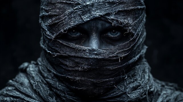 Close-up of a person's face covered in textured bandages.