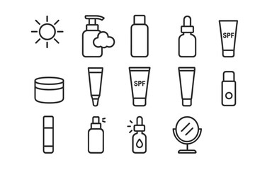 Skincare products icons: sunscreen, lotion, serum, spf, moisturizer