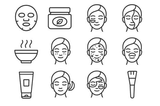 Skincare routine icons: facial masks, cream, cleansing, and exfoliation