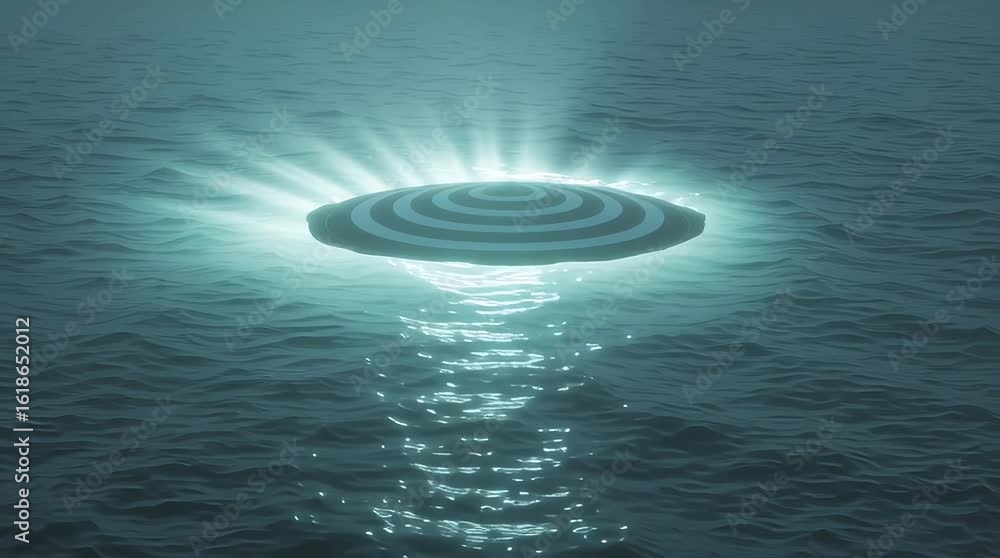 Poster a large yellow object is floating in the water. the object is shaped like a ufo. the water is calm a