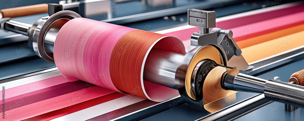 Poster close-up of automated printing machine producing vibrant color patterns for manufacturing