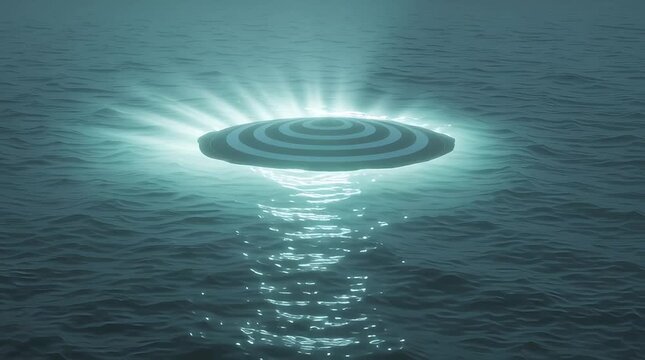 A large yellow object is floating in the water. The object is shaped like a UFO. The water is calm and the sky is cloudy