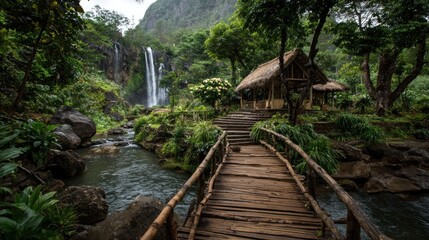 Lush jungle scene with a wooden footbridge leading to a thatched hut beside a cascading waterfall and tranquil stream