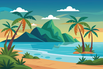 Fototapeta premium a beautiful tropical island beach with palm trees, mountains, and clear blue ocean water under a sunny sky, evoking a sense of paradise and vacation vector illustration