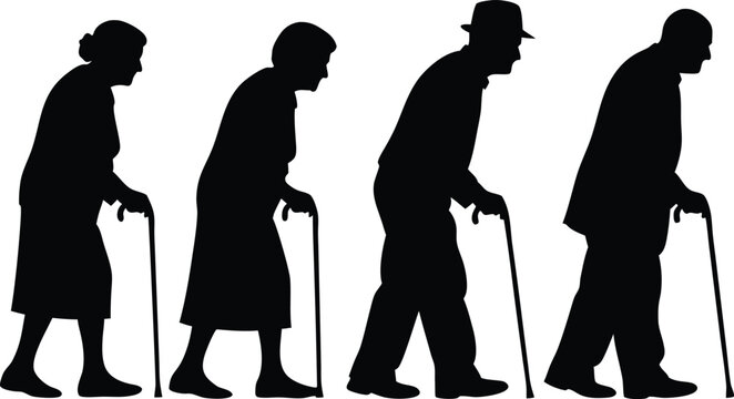 Silhouette of aging process depicted by walking elderly people with canes