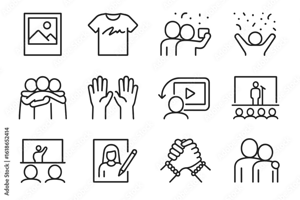 Poster minimalist icon set of social interaction and communication symbols