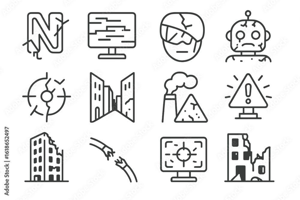 Poster futuristic icons set featuring robots and technology on dark background