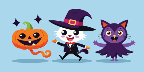 Cute cartoon halloween characters including pumpkin cat and witch cat celebrating halloween