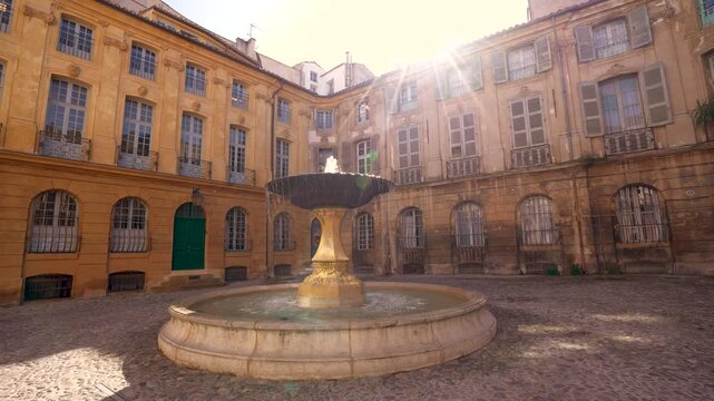 Aix en Provence Fountain Sun Flare Morning Light Warm Colors Yellow Historic Building France European City Travel