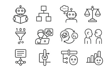 Fototapeta premium Ai icons: robot, flowchart, communication, analysis, and automation