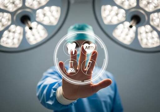 Dentist using futuristic interface with dental icons in operating room