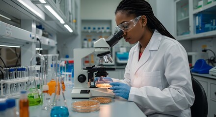 Focused female scientist examines samples under a microscope in a modern laboratory.