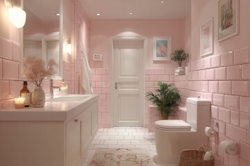 Elegant pastel bathroom featuring stylish pink tiles and modern furnishings