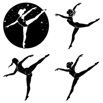 Silhouettes of ballerinas in various poses against a night sky and plain white backgrounds shown here
