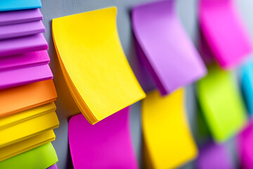 Colorful mind map with sticky notes in various shades of yellow, pink, and purple are arranged on a gray wall, creating a vibrant and organized workspace for brainstorming ideas and planning tasks