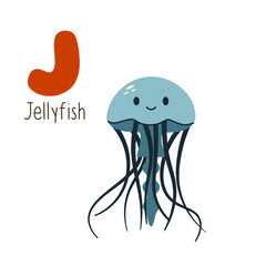 Cute cartoon illustration of a jellyfish with the letter J, ideal for kids' alphabet learning, educational posters, and nursery decor