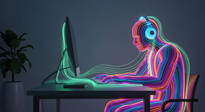 Futuristic Cyborg Human with Cybernetic Enhancements Working on a Computer in a Sci-Fi Laboratory - Powered by Adobe