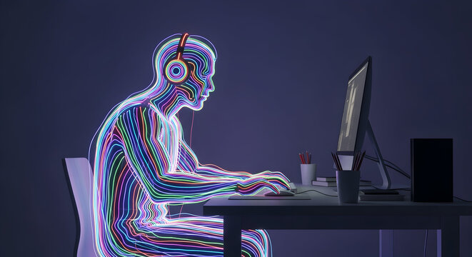 Futuristic Cyborg Human with Cybernetic Enhancements Working on a Computer in a Sci-Fi Laboratory - Powered by Adobe