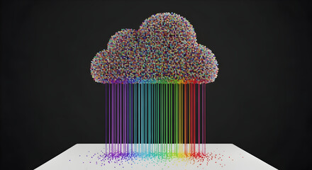 Colorful Digital Cloud with Multi-Colored Spectrum Rainfall Digital Illustration Depicting Data and Technology Flow