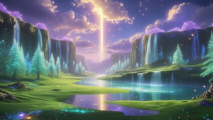 A dreamlike valley untouched by time — endless emerald meadows stretch beneath skies painted in shifting hues of lavender, gold, and opal. Towering crystal trees shimmer with translucent leaves that r