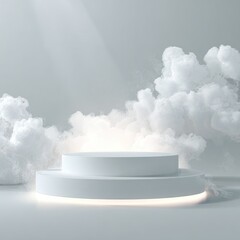 Two-tiered white cylindrical platform illuminated from below, encircled by ethereal white clouds under a single light beam against a muted grey backdrop
