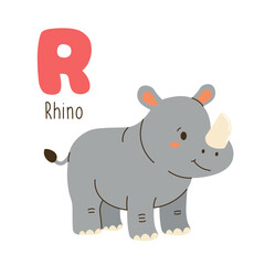 Cute cartoon illustration of a rhino with the letter R, ideal for kids' alphabet learning, educational posters, and nursery decor