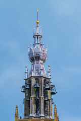 Beautiful Leaning Carillon Tower (De Speeltoren) of the old Church of Our Lady, tilting over Kleine Kerkstraat. The tower was constructed in the 15th and 16th centuries. EDAM, NETHERLANDS.