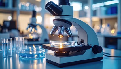 Advanced Microscope with Illuminated Petri Dish in Lab Setting