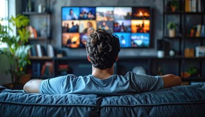 Relaxed Man Watching Multiple Screens in Modern Living Room Setting