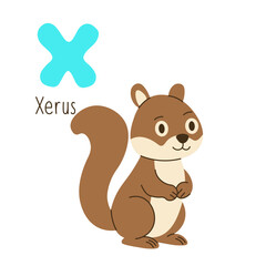 Cute cartoon illustration of a xerus with the letter X, ideal for kids' alphabet learning, educational posters, and nursery decor