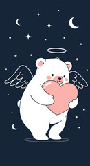 Adorable angelic bear hugging a pink heart under a starry night sky