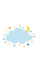 Magical night sky with fluffy cloud crescent moon and twinkling stars