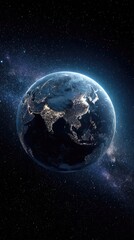 Obraz premium Night view of Earth from space, showcasing Asia's city lights against a dark backdrop of stars and the Milky Way