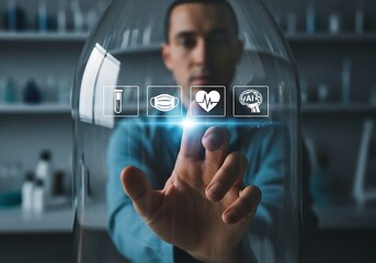 Scientist touches digital icons for health, brain, and mask in lab